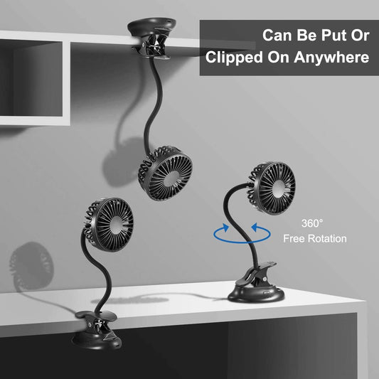 Clip on Fan w/ USB port Mini Desk Fan with Emergency Power Bank, Battery Operated Rechargeable Portable Fan - Flexible Neck, 3 Speed Personal Cooling for Baby Stroller, Car, Camping, Office, Dorm, Beach - Black