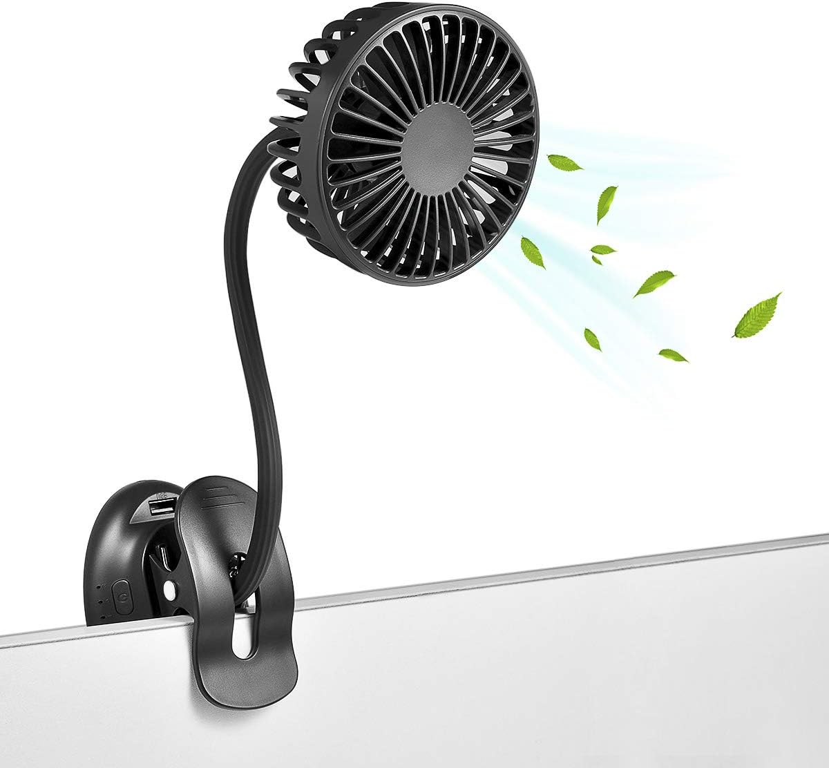 Clip on Fan w/ USB port Mini Desk Fan with Emergency Power Bank, Battery Operated Rechargeable Portable Fan - Flexible Neck, 3 Speed Personal Cooling for Baby Stroller, Car, Camping, Office, Dorm, Beach - Black