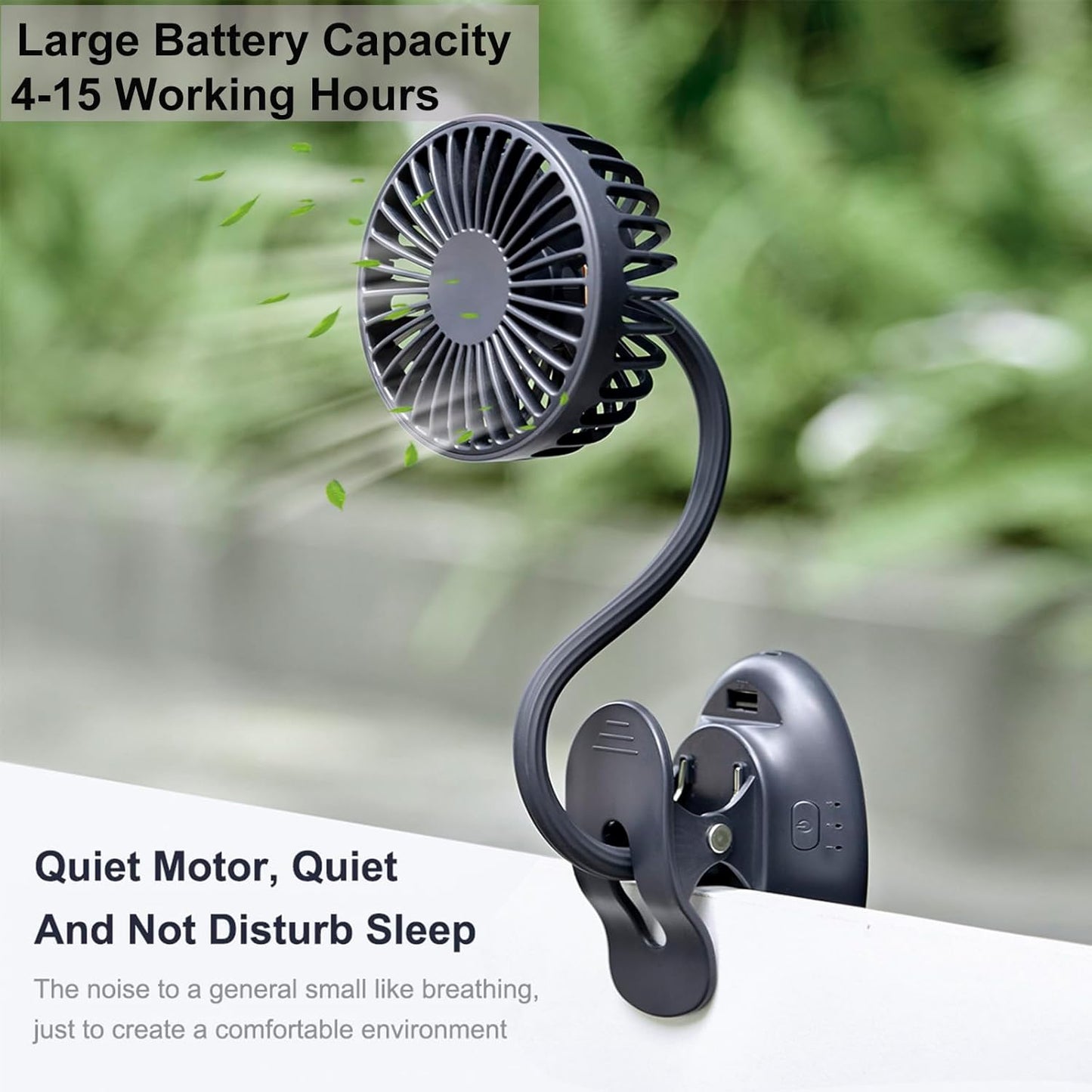 Clip on Fan w/ USB port Mini Desk Fan with Emergency Power Bank, Battery Operated Rechargeable Portable Fan - Flexible Neck, 3 Speed Personal Cooling for Baby Stroller, Car, Camping, Office, Dorm, Beach - Black