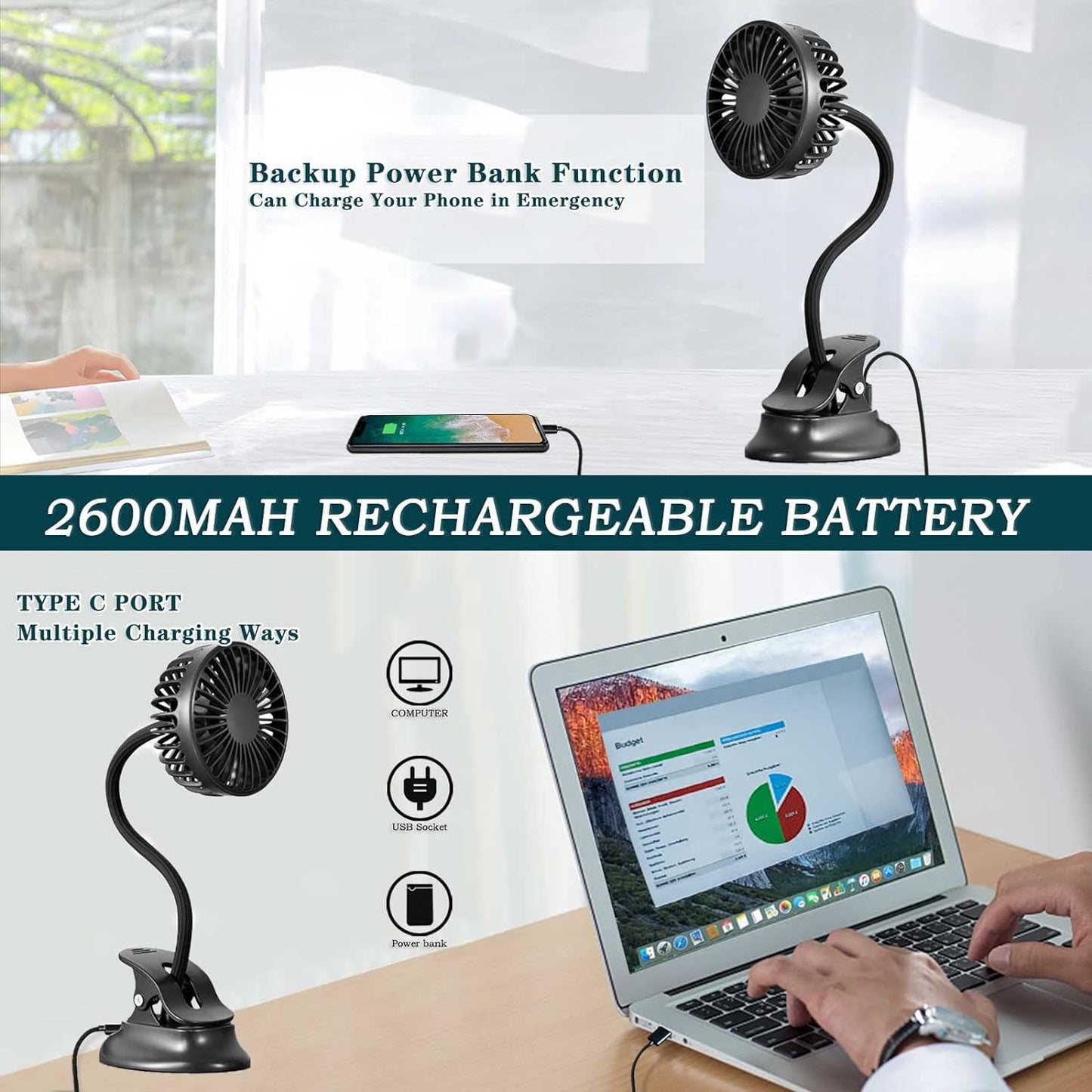 Clip on Fan w/ USB port Mini Desk Fan with Emergency Power Bank, Battery Operated Rechargeable Portable Fan - Flexible Neck, 3 Speed Personal Cooling for Baby Stroller, Car, Camping, Office, Dorm, Beach - Black